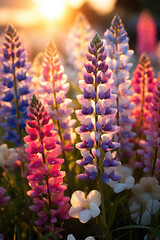 Colorful lupines in the garden, beautiful golden hour lighting