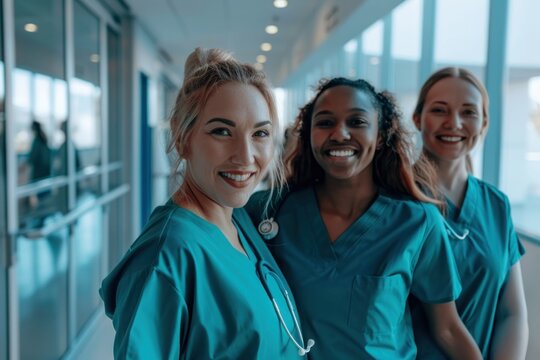 Diverse medical crew looking at the camera in a hospital hallway