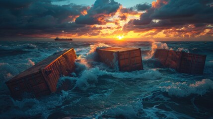 floating cargo containers from logistic cargo ship with wave after big storm.