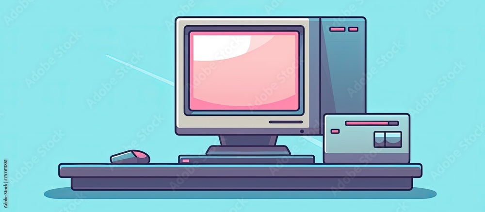 Poster a cartoon illustration of an old computer on a desk with a computer monitor, output device, and othe