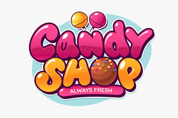 Colorful Candy shop emblem. Puffy glossy caramel font decorated with lollipops and chocolate. Sweet shop sign design. Ideal for sticker, label or badge. Vector illustration.