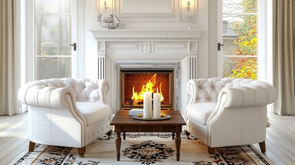 Living room with two white sofas against fireplace. Country style home interior design of modern living room