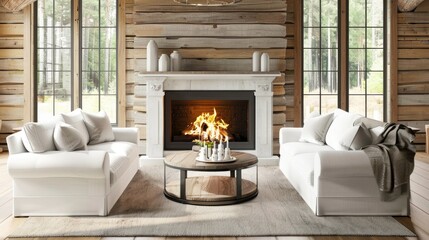 Fototapeta premium Living room with two white sofas against fireplace. Country style home interior design of modern living room