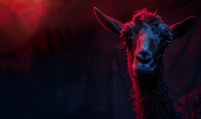 portrait of a nervous llama in harsh red lighting