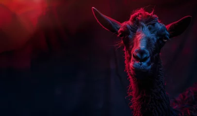 Zelfklevend Fotobehang portrait of a nervous llama in harsh red lighting © StockUp