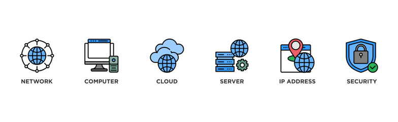 Network technology banner web icon vector illustration concept with icon of network, computer, cloud, server, ip address and security