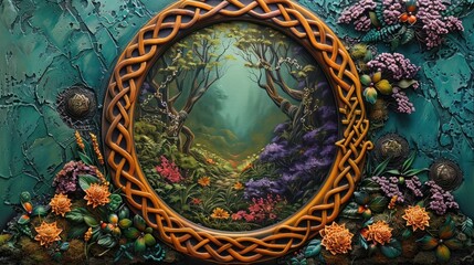 Esoteric Mirror Unveiling a Magical, Celtic Knot Framed Grove Brimming with Mystical Flora - obrazy, fototapety, plakaty