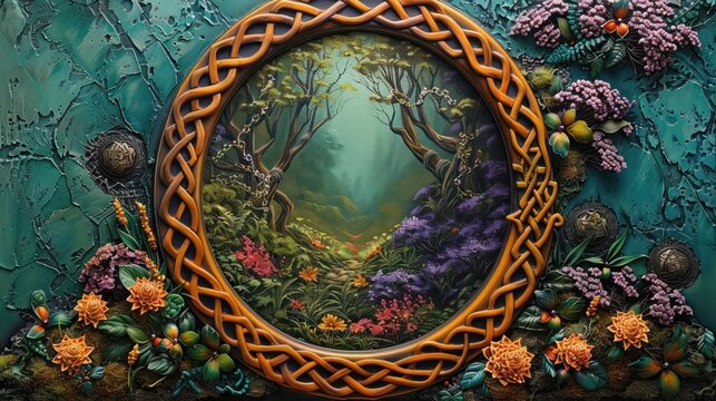 Esoteric Mirror Unveiling a Magical, Celtic Knot Framed Grove Brimming with Mystical Flora