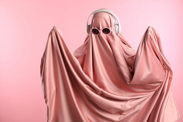 Glamorous ghost. Woman in sheet with sunglasses and headphones on pink background