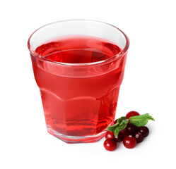 Tasty cranberry juice in glass, fresh berries and mint isolated on white
