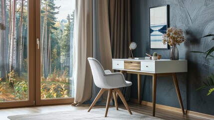 Workplace in modern room with white chair at wooden drawer writing desk against of window near dark grey wall Interior design of modern scandinavian home office 