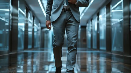 A businessman walking in a stride in the office