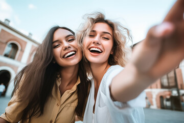 Adorables chicas caucásicas expresando emociones positivas a cámaraen un selfie.
Foto de vacaciones al aire libre de amigos felices posando en la calle.