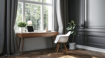 Workplace in modern room with white chair at wooden drawer writing desk against of window near dark...