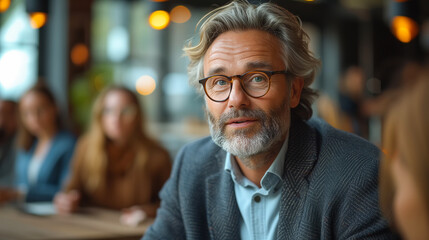 Fototapeta premium Professional presenting a new business idea in front of a group of investors in a conference room. The speaker wears glasses and is dressed in a business style. Large hall, lighting in warm colors
