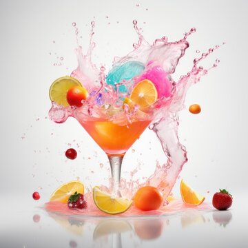 A colorful drink in a martini glass with a splash of pink and orange. Image created by AI