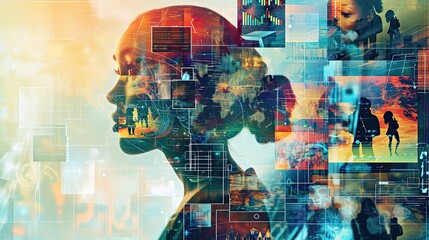 Portrait of a beautiful young woman in front of a wall full of digital images. Double exposure of business people and technology background. Concept of multinational corporate team. 