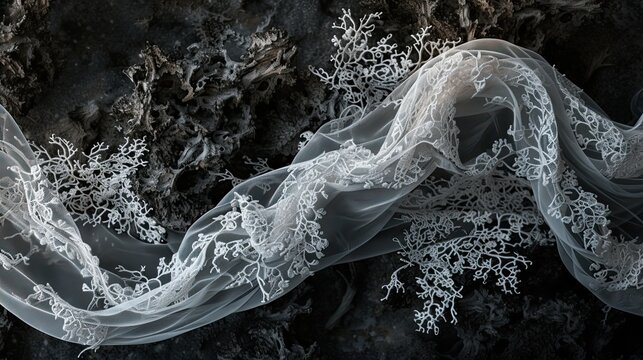 A composite image showcasing a devil's tail elegantly intertwined with delicate lace, symbolizing the seductive nature of intricate details. White wedding dress with lace on black background. 
