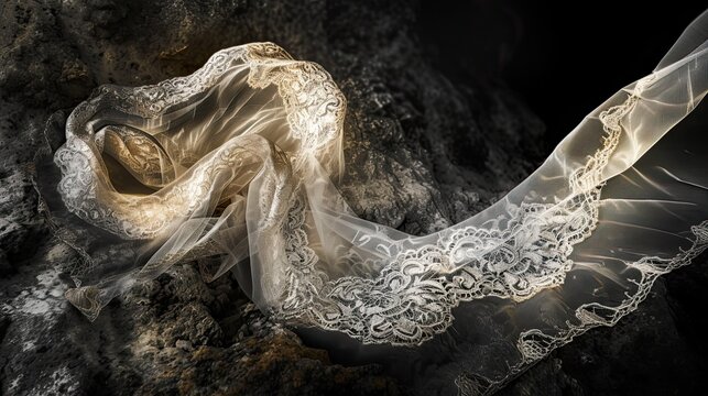 A composite image showcasing a devil's tail elegantly intertwined with delicate lace, symbolizing the seductive nature of intricate details. White wedding dress with lace on black background. 