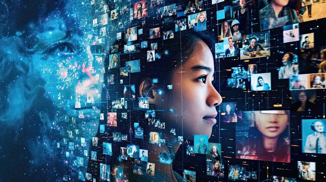 Portrait of a beautiful young woman in front of a wall full of digital images. Double exposure of business people and technology background. Concept of multinational corporate team. 