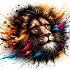 Portrait of a bearded lion with brown upper eyes in an explosion of bright colors.
