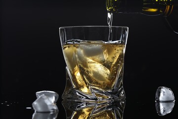Pouring tasty whiskey from bottle into glass with ice at mirror table against black background, closeup