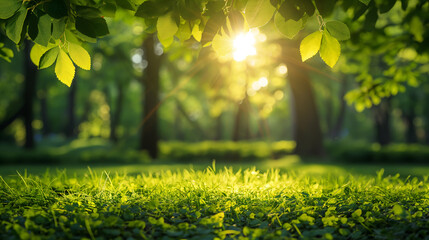 A serene dawn breaks as warm sunlight filters through the vibrant green leaves of a lush garden, heralding a new day - springtime background - Generative AI - Powered by Adobe
