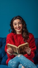 Happy Woman Reading on Cozy Sofa, wearing red sweater