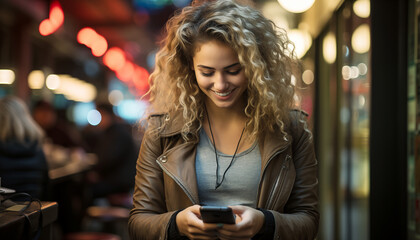 Aplicación de teléfono joven usando dispositivo tecnológico sosteniendo teléfono móvil.
Mujer usando smartphone en la noche en la calle comercial de la ciudad, buscando o redes sociales concepto.