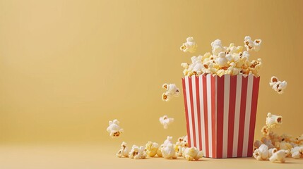 Scattered delicious popcorn from red striped box on light yellow background with copy space