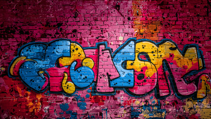 Colorful Abstract Vibrant graffiti artwork on urban wall, creating an abstract and dynamic vibrant Hues and Complex Patterns background. 