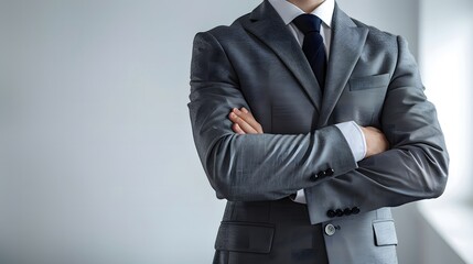 a businessman in a business suit, standing with crossed arms - obrazy, fototapety, plakaty