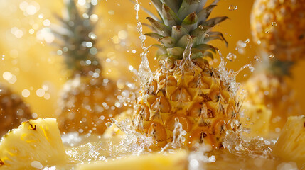 Juicy Pineapple Slices and Water on Yellow Background, Generative AI