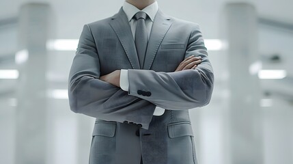 a businessman in a business suit, standing with crossed arms - obrazy, fototapety, plakaty