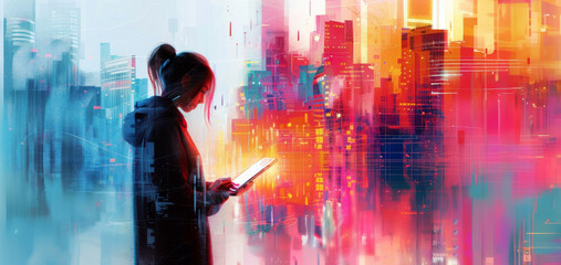 Silhouette of a hacker with digital interface overlay in cityscape background