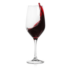 Red wine splashing in glass on white background - 757614848