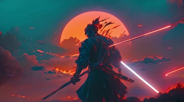 Samurai warrior with two fire swords
