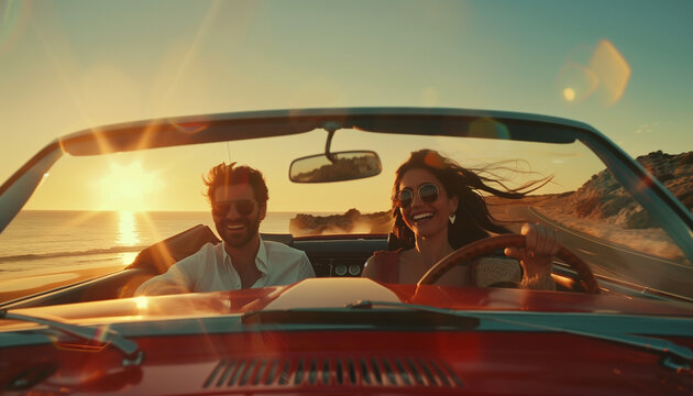 Dos felices pareja joven conducir coche cabrio durante las vacaciones de viaje por carretera en el paisaje esc&eacute;nico.
Estilo de vida, viajes, turismo, naturaleza, vida activa.
