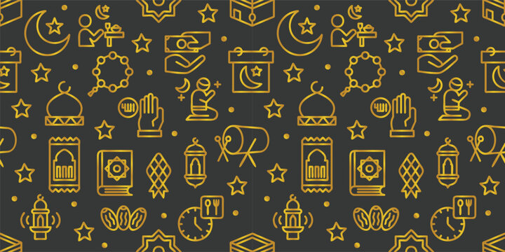 Seamless golden pattern Ramadan Kareem elements .Hand drawn vector illustration