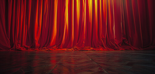 Majestic red stage curtains with warm sunlight in theater