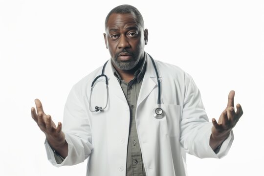 An African American internist stands and spreads his arms to the sides on a white background