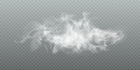 White vector smoke, cloudiness, fog or smog background. Fog or smoke isolated on transparent background with special overlay effect. Vector