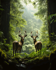 Two Deer Standing Together in a Forest