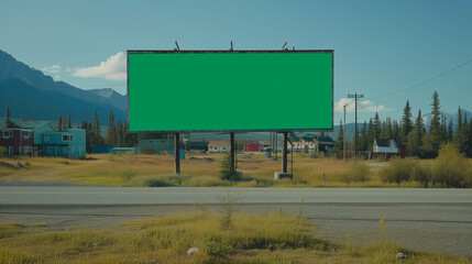 Green Chroma Key Billboard in Mountainous Landscape by Road