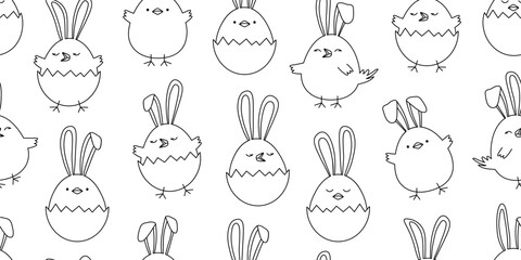 Easter chick with ears bunny seamless pattern, chicken egg cute rabbit background, cartoon character outline design, Easter egg hunt drawing print. Animal celebration vector illustration © Sylfida