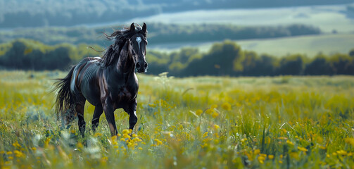 Running black horse in lush green field with natural backdrop - obrazy, fototapety, plakaty