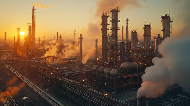 oil refinery at sunset
