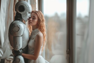 Interaction between a woman and a robot. Human embrace cyborg. Concept of AI-human love. Romantic connection between human and artificial intelligence. Enamored girl and humanoid robot couple.