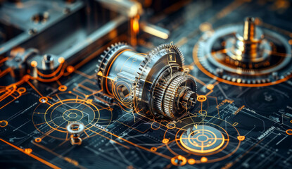 Intricate bank vault mechanism against technical blueprints background