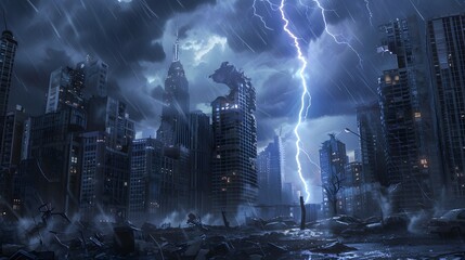 A Lightning Strike's a Destroyed City - obrazy, fototapety, plakaty